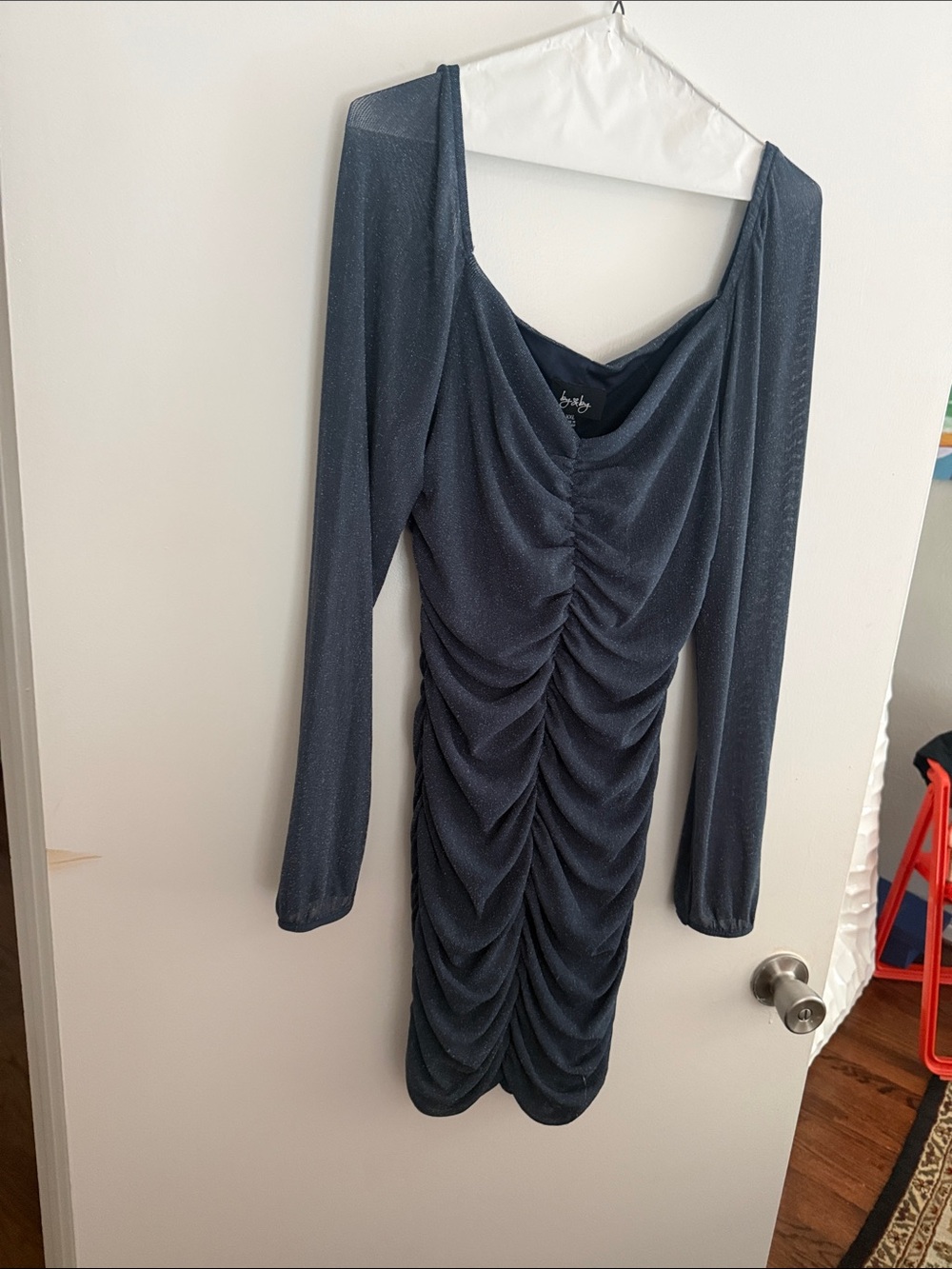 Shimmery Navy Ruched Long-Sleeve Dress